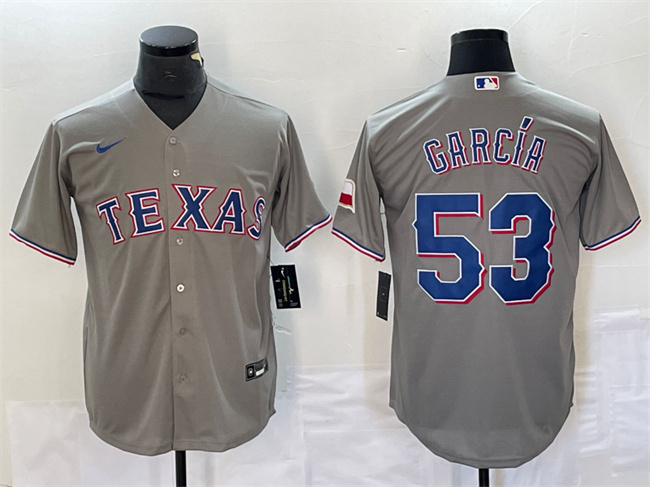 Men's Texas Rangers #53 Adolis García Grey With Patch Cool Base Stitched Baseball Jersey Men's Texas Rangers #53 Adolis García Grey With Patch Cool Base Stitched Baseball Jersey